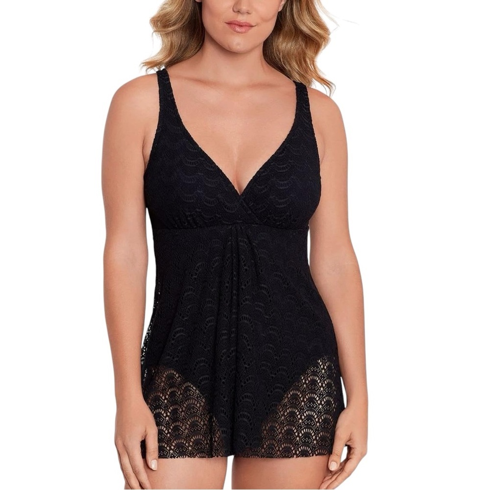 SWIM SOLUTIONS Crochet Tummy-Control Flyaway Swim Dress One Piece Swimsuit‎